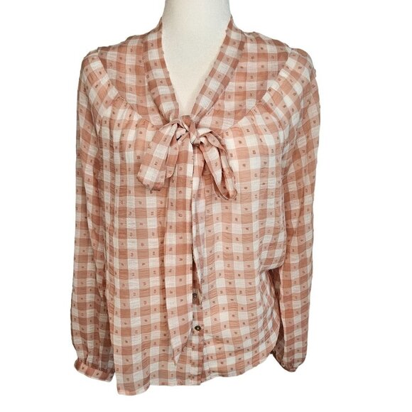 Nanette Lepore Size Small Tie V-Neck Soft Gingham Peach Swiss Dot L/S Blouse - Picture 3 of 13